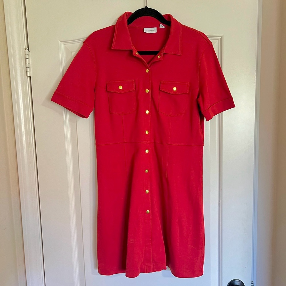 New York & Company Red Snap Button Collared Utility Dress (Size M)